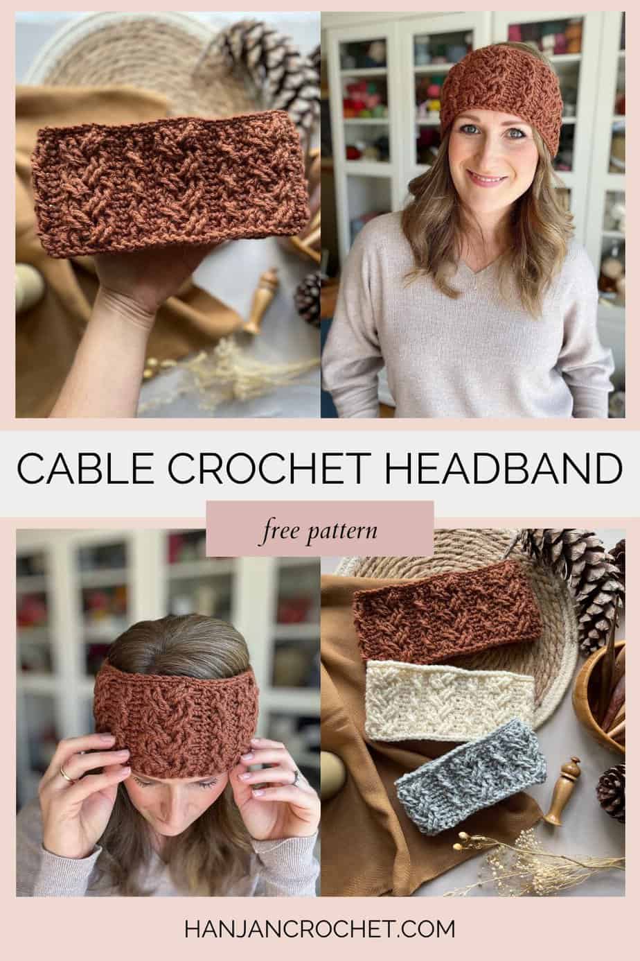 Four images of crochet headband pattern.