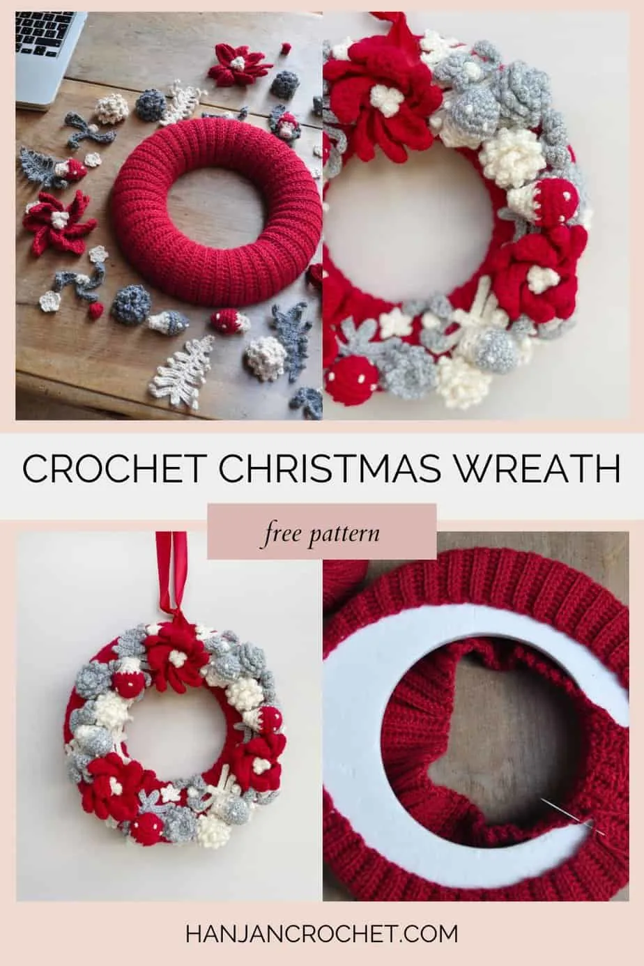 Four images showing how to crochet a wreath cover.