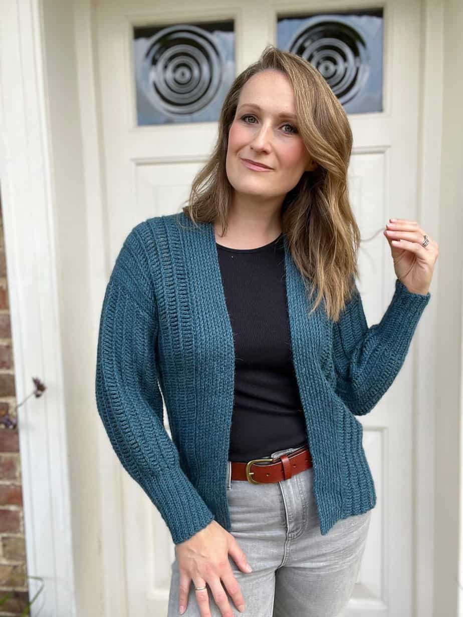 Woman wearing side to side crochet cardigan pattern