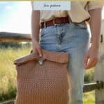 Person holding a handmade brown crochet backpack outdoors, with "crochet backpack pattern" featured at the top and "hanjancrochet.com" at the bottom.