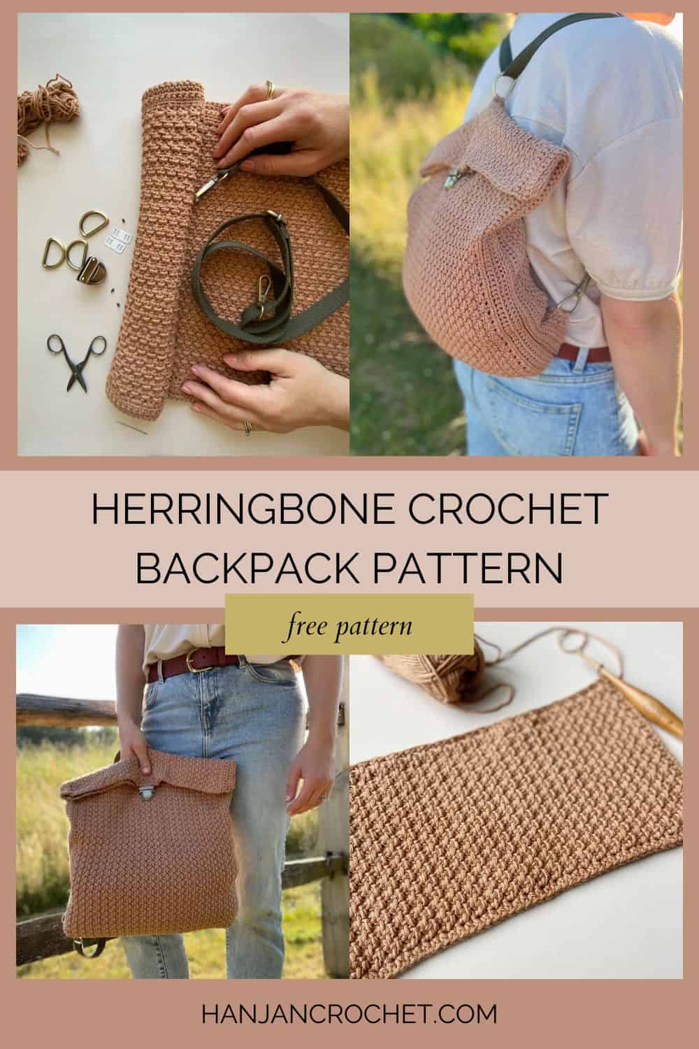 4 images of crochet backpack pattern.