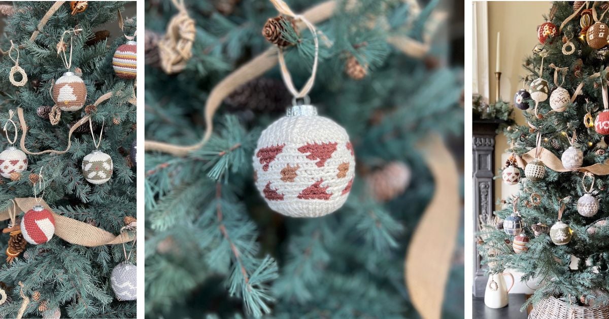Close-up shots of a Christmas tree decorated with crochet-patterned ornaments, including a diamond tapestry crochet bauble pattern, and burlap ribbon, alongside a wider view showing the entire tree in a living room setting.