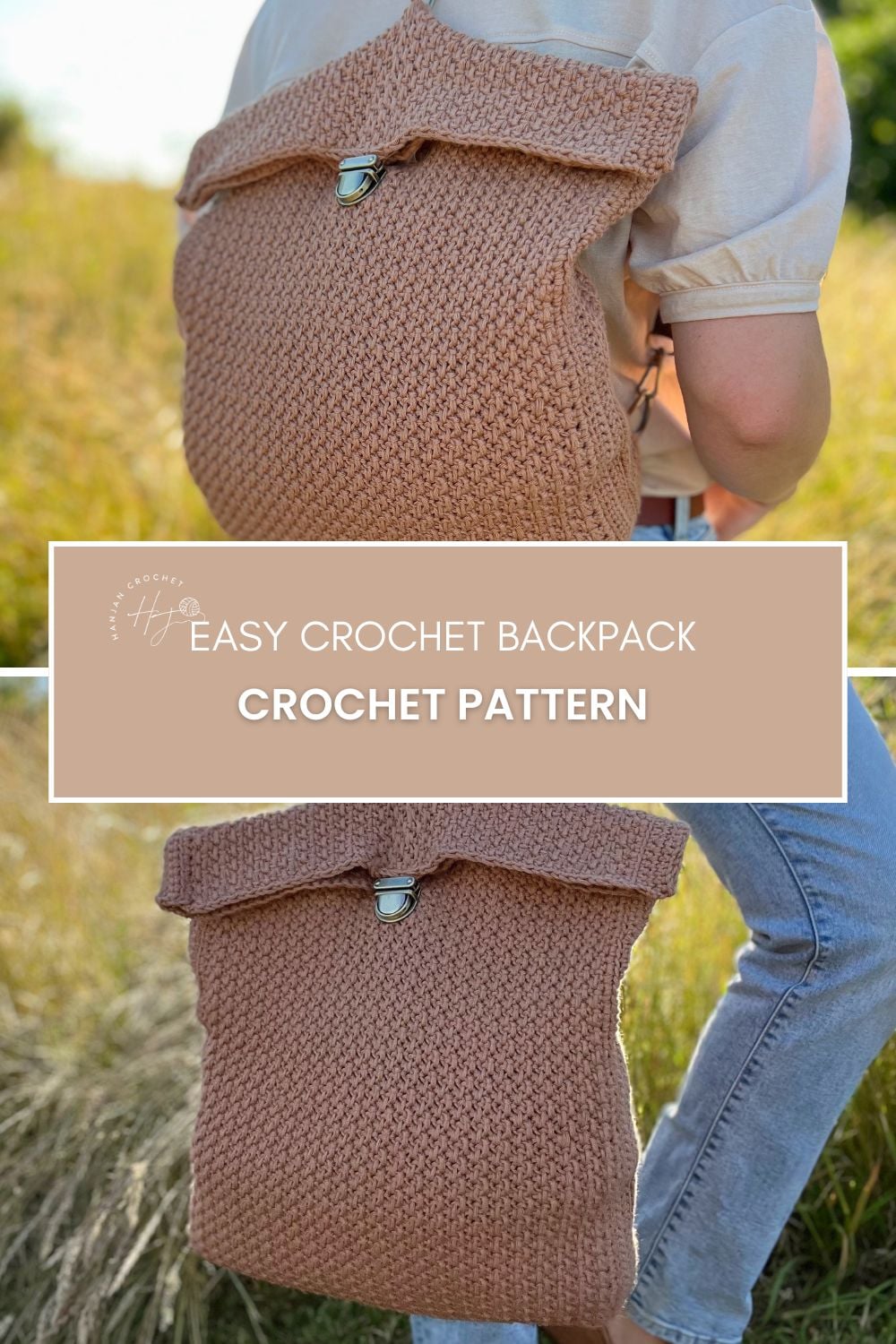A person wearing a handmade crochet backpack sits in a grassy field; close-up shows the textured stitch and metal clasp of the tan backpack. Text reads: "Easy Crochet Backpack Pattern—find your new favorite crochet backpack pattern.