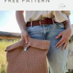 Person holding a handmade crochet backpack in a natural outdoor setting; text above reads "herringbone crochet backpack FREE PATTERN – discover this unique crochet backpack pattern.