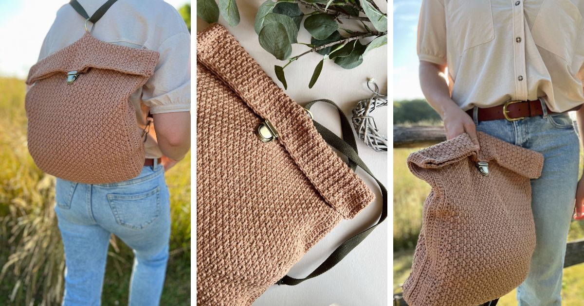 Three images show a person wearing and holding a crocheted tan backpack with a metal clasp, displayed outdoors and on a table with crafting supplies—perfect inspiration for your next crochet backpack pattern.