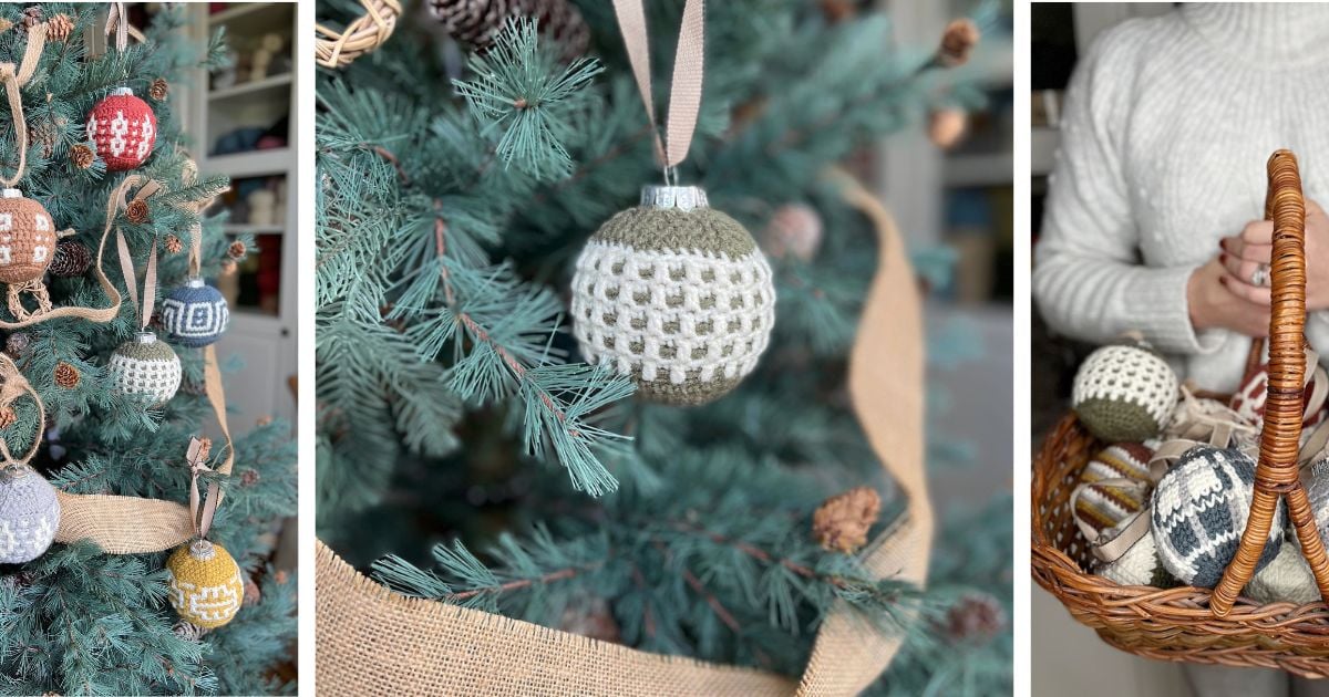 Crochet Christmas ornaments in various patterns, including an easy mosaic crochet bauble pattern, hang on a tree; one close-up, and a person holds a basket filled with similar ornaments.