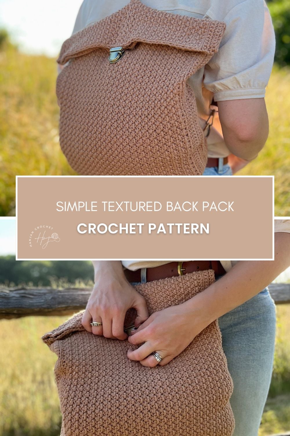 Person wearing and holding a handmade, textured crochet backpack in a natural outdoor setting; text overlay reads "Simple Textured Crochet Backpack Pattern.