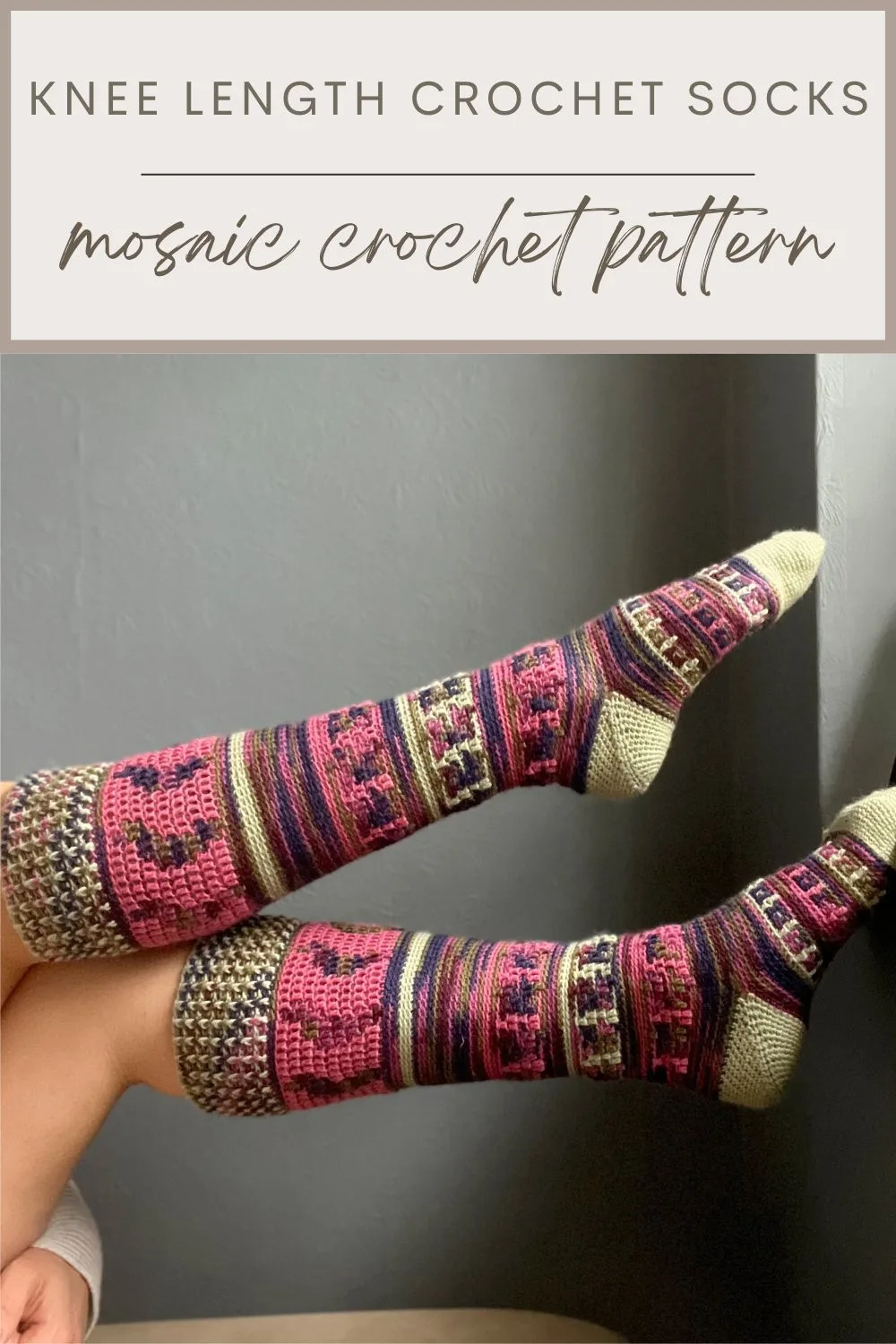 Images of colorful crochet long socks.