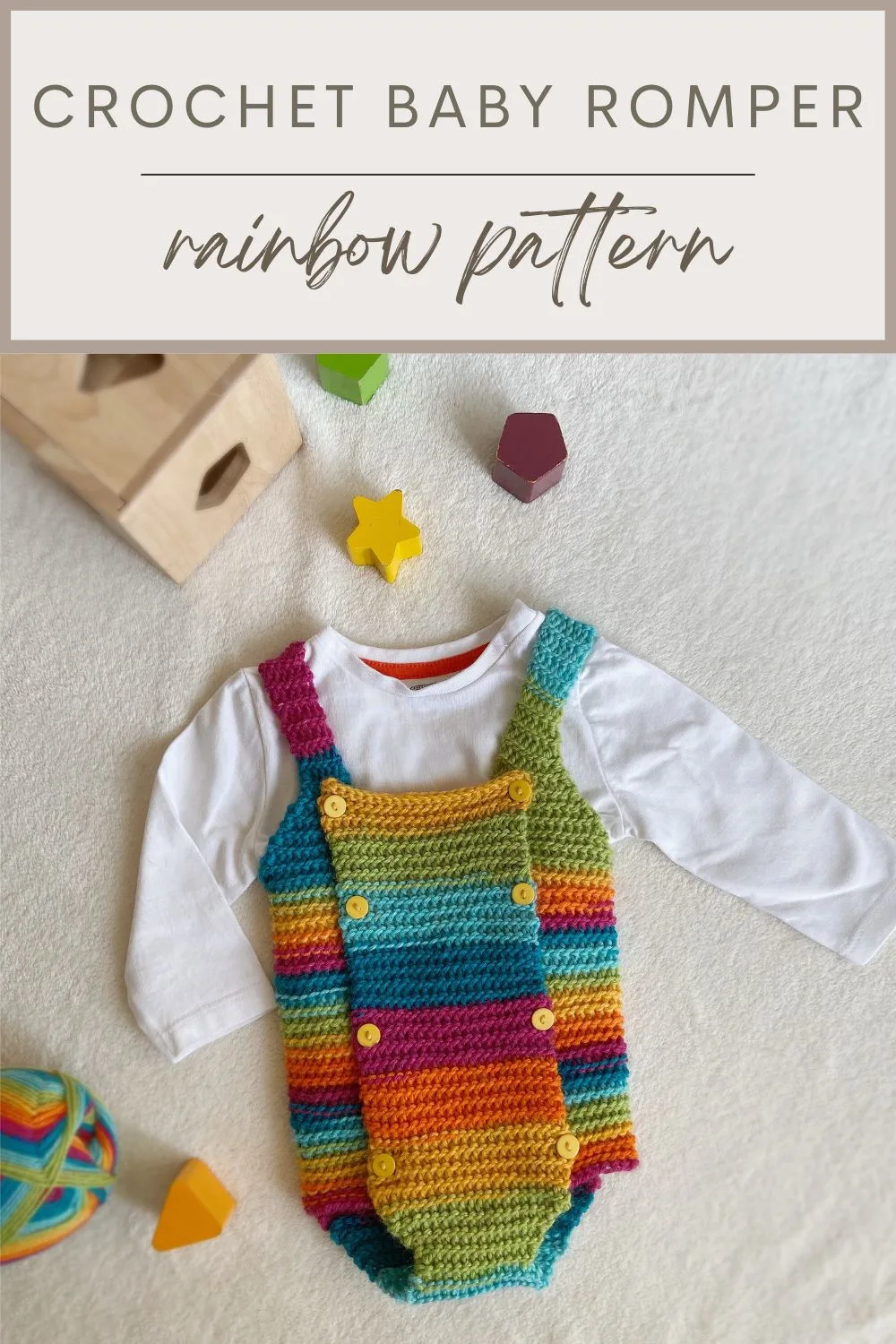 Easy crochet baby romper pattern in rainbow yarn.