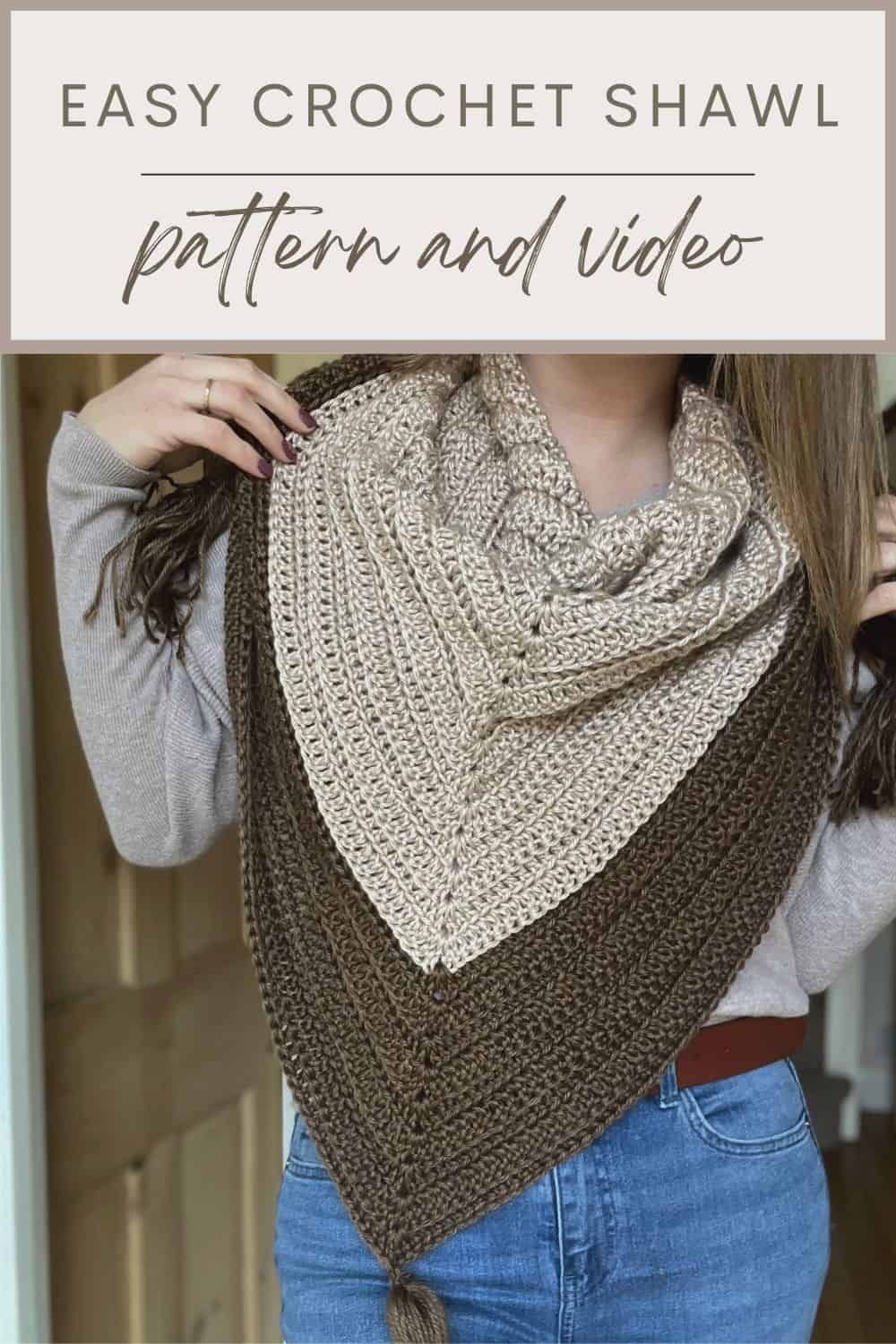 Easy crochet triangle shawl pattern with tassels.