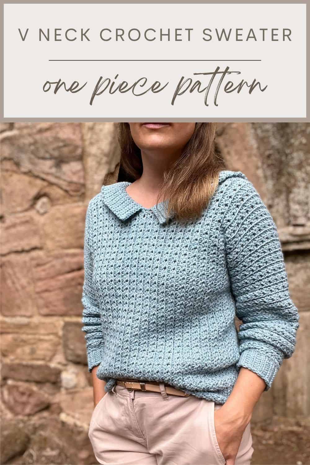Side to side crochet sweater pattern in blue.