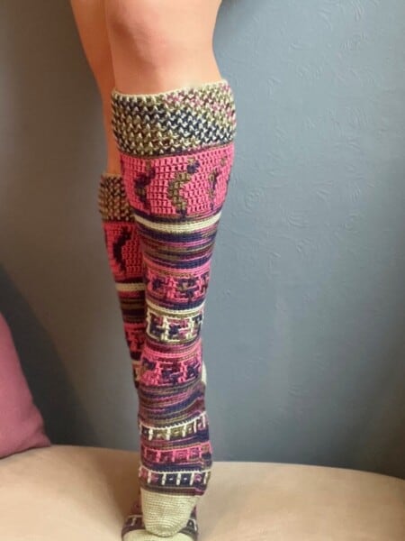 Mosaic crochet sock pattern shown in knee length.