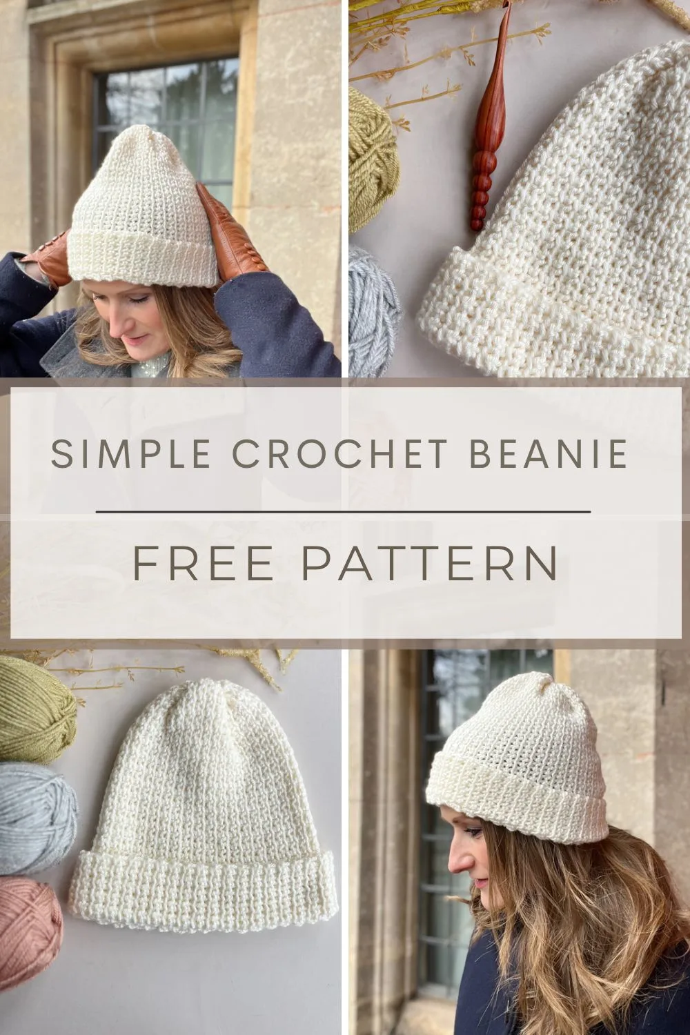 Four images of basic crochet beanie pattern.
