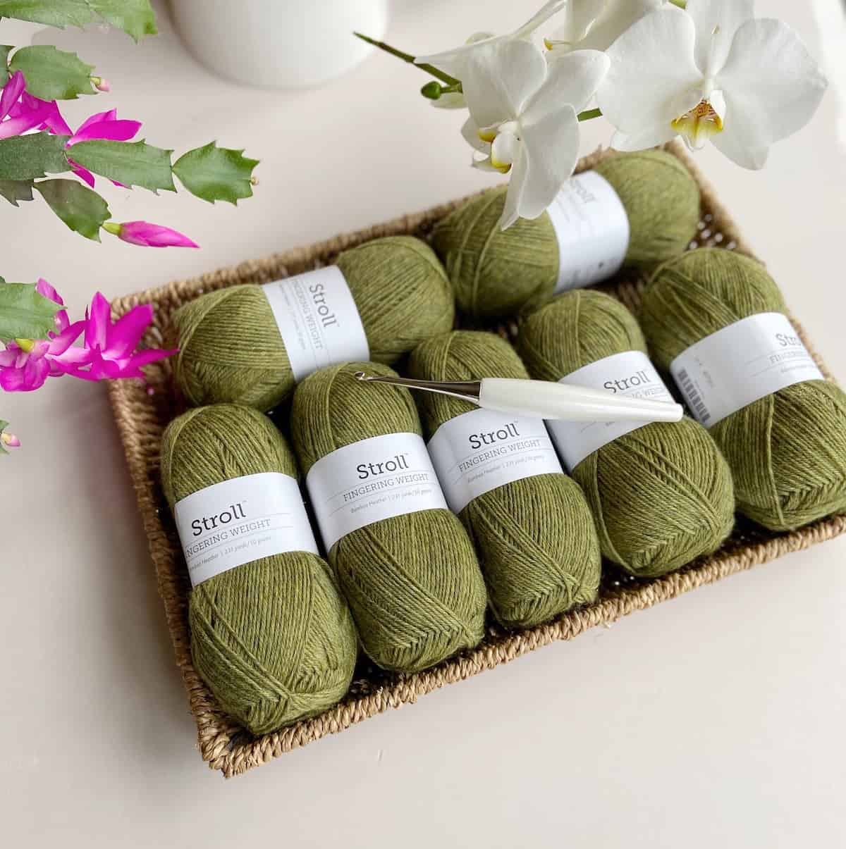 Image showing fingering weight yarn in green with white crochet hook.
