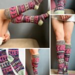 Collage of knee-high crochet socks in pink, purple, green, and beige geometric designs—shown on feet and laid flat—highlighting a unique mosaic crochet sock pattern.