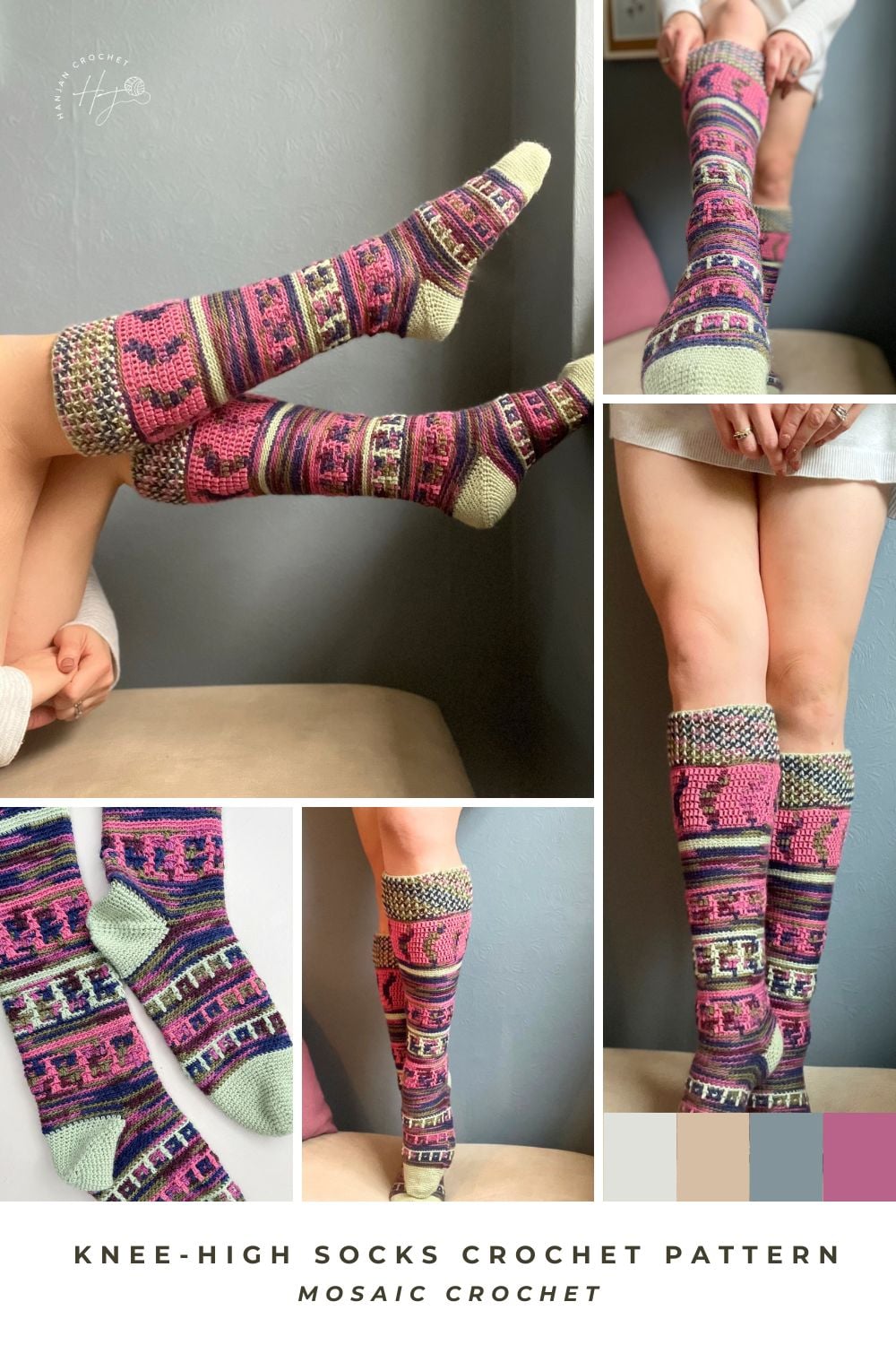 Collage of knee-high crochet socks in pink, purple, green, and beige geometric designs—shown on feet and laid flat—highlighting a unique mosaic crochet sock pattern.