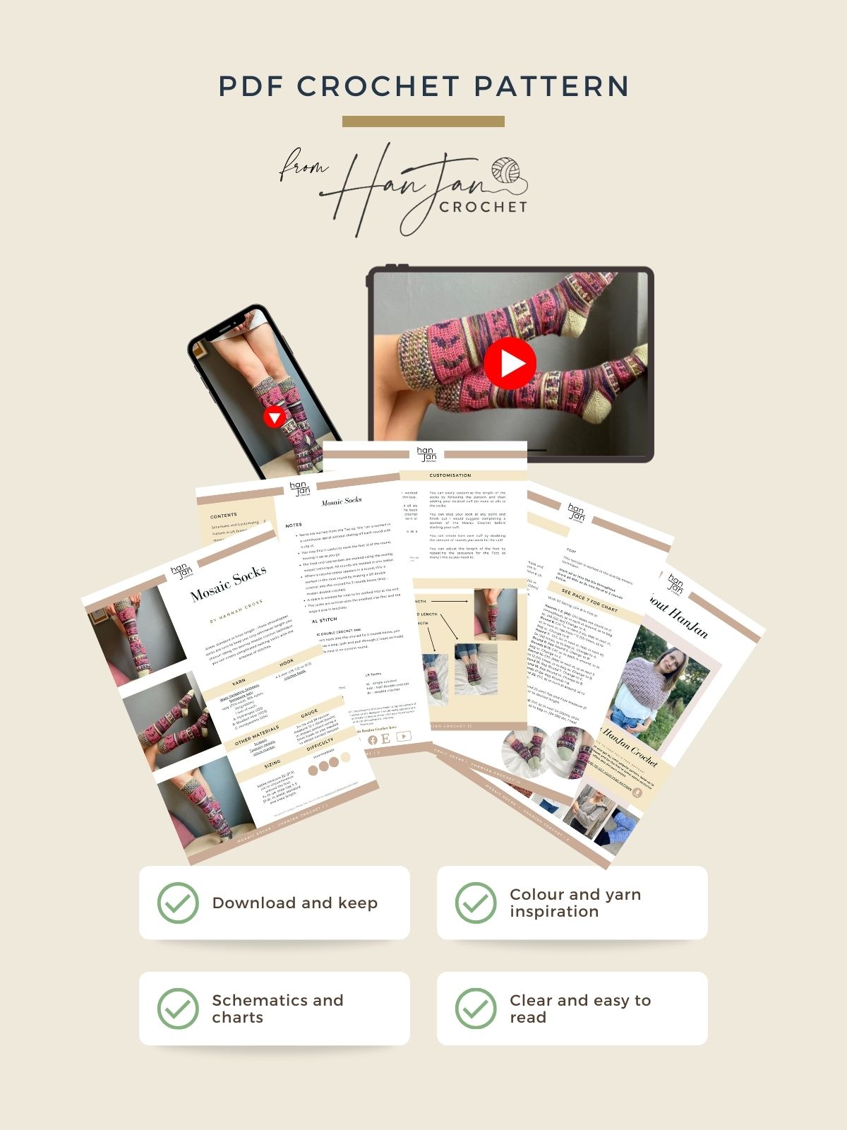 PDF crochet sock pattern advertisement featuring images of printed pages, a phone and tablet displaying crochet socks, plus icons for instant download, color inspiration, charts, and easy readability.