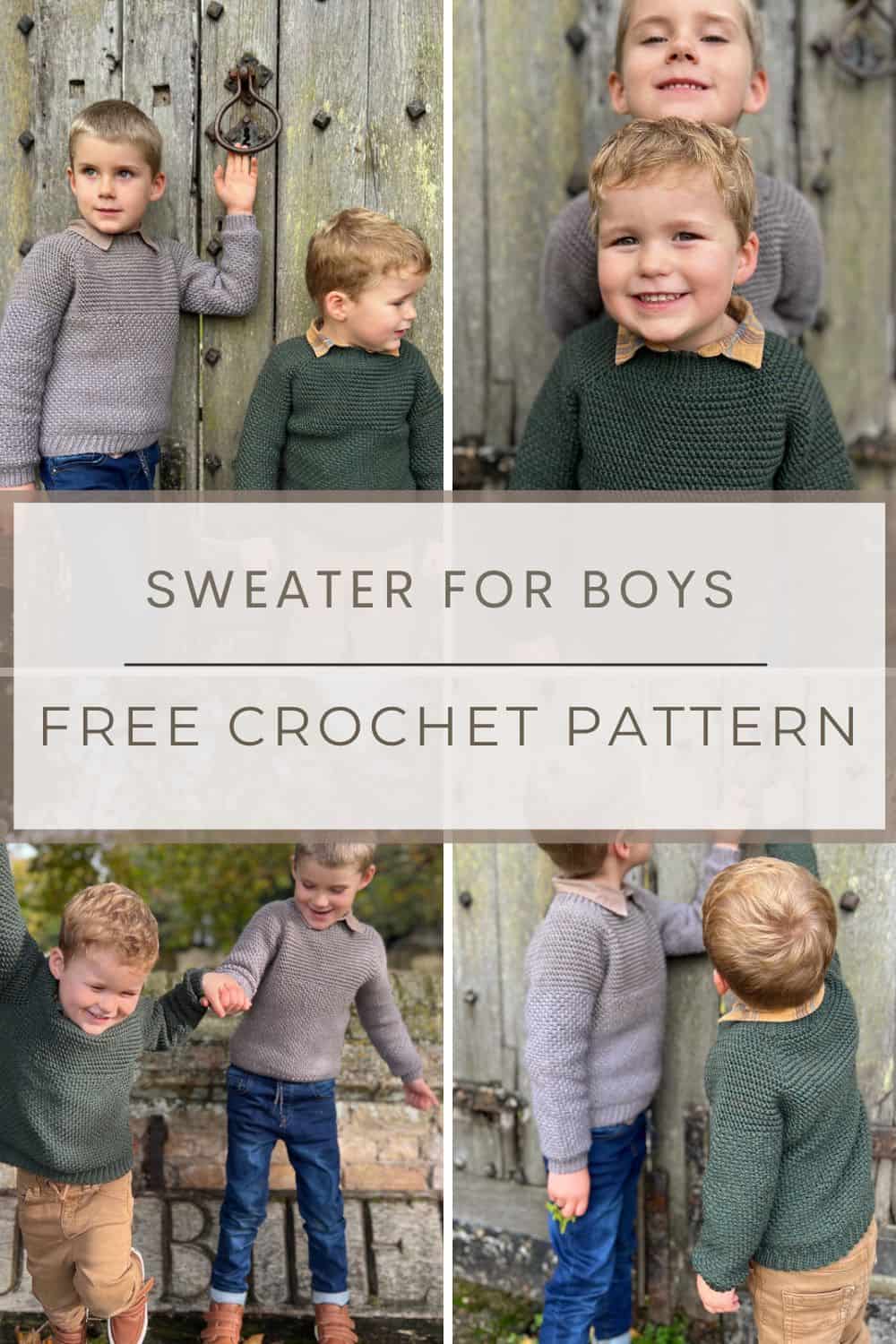 Four images of crochet sweater pattern for boys.