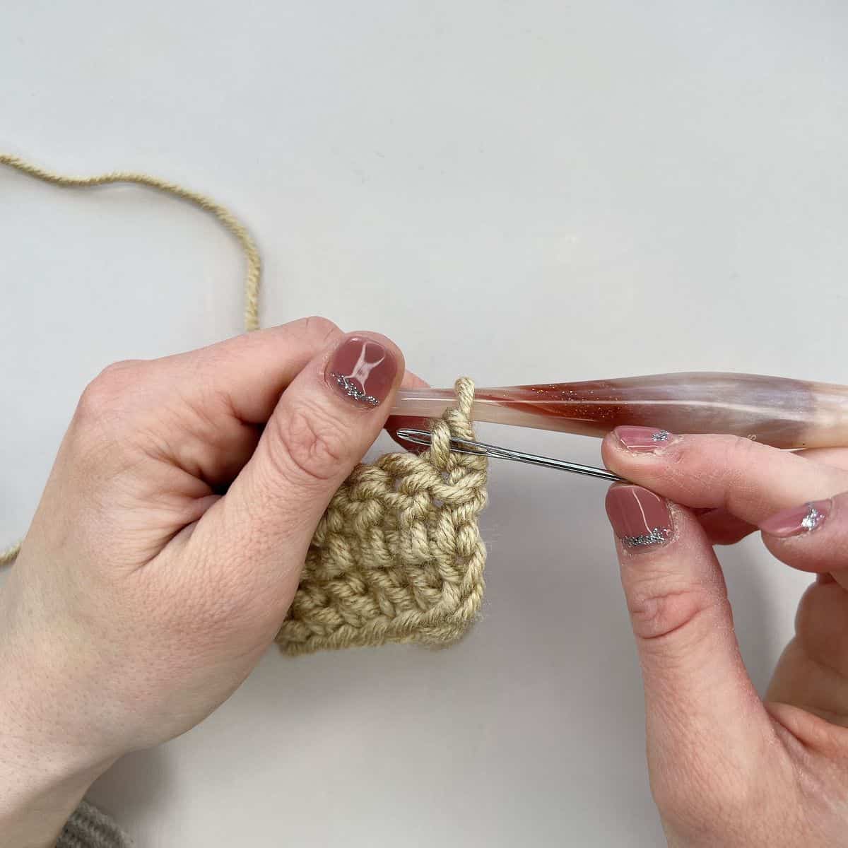 Showing needle pointing to side bar of single crochet stitch.