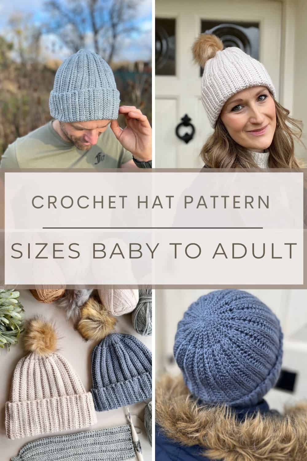 dk crochet hat pattern shown in 4 images.