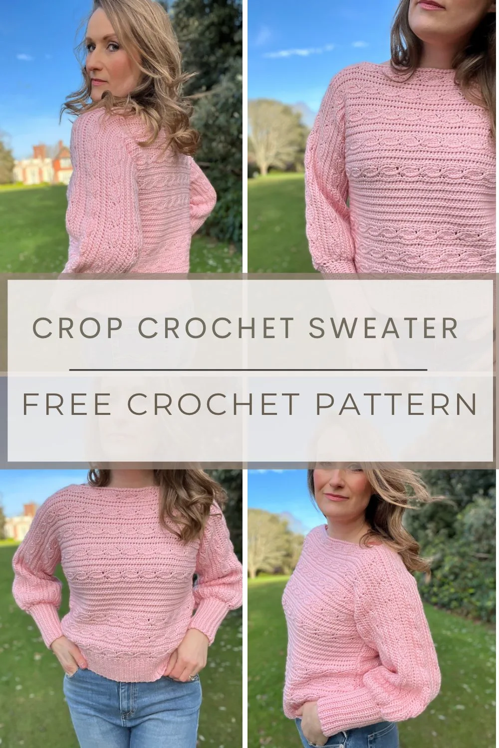 Four images of crochet crop sweater pattern with faux cable stitches.