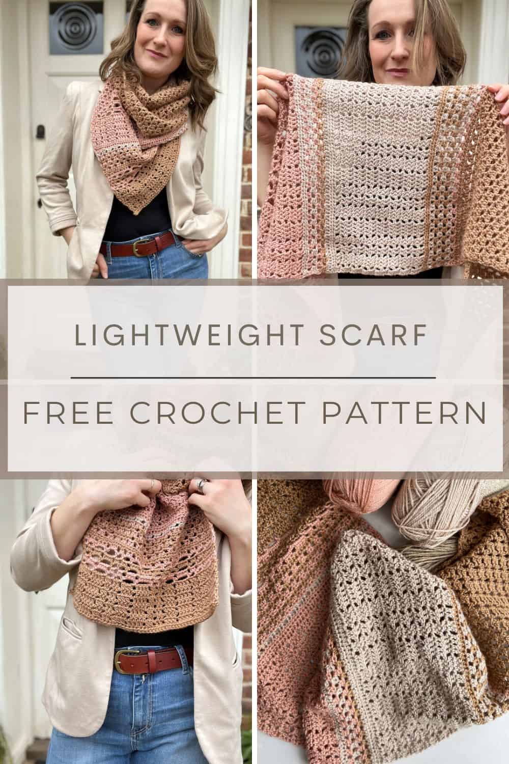 Lightweight crochet scarf pattern shown in four images.