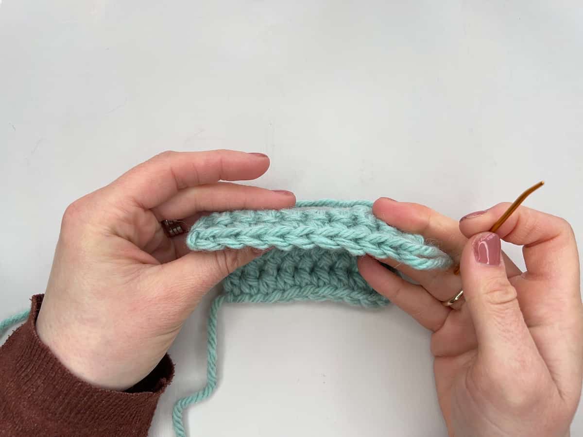 Crochet swatch show from above showing front and back loop only parts of the stitch.