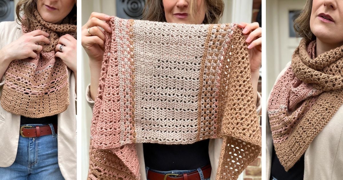 A woman displays a crocheted scarf in beige, brown, and pink tones, featuring a lightweight crochet scarf pattern with close-up details and wearing it wrapped around her neck.