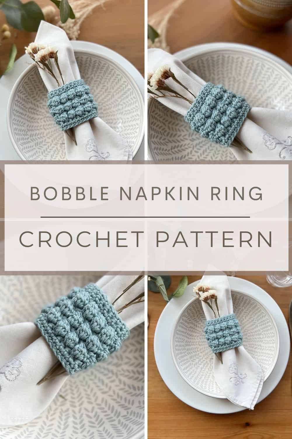 Images showing crochet napkin ting pattern on white tableware.