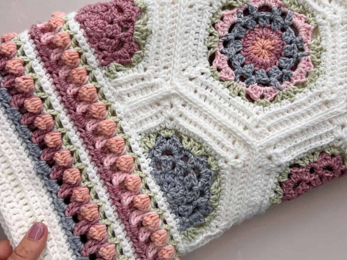 Close up of crochet blanket made from hexagons.