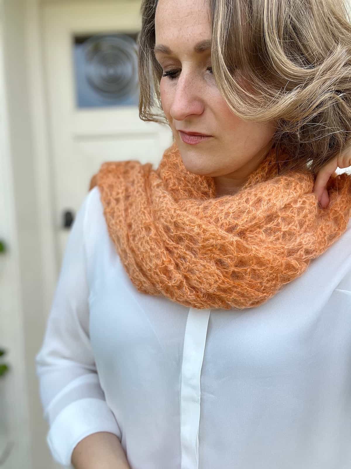 Mohair crochet scarf draped around as a cowl.