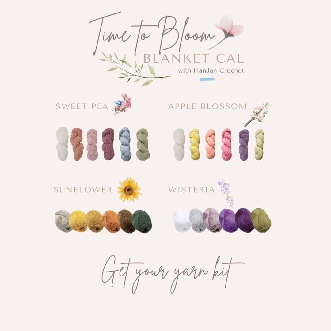 Yarn colour options for the Time to Bloom crochet blanket pattern.