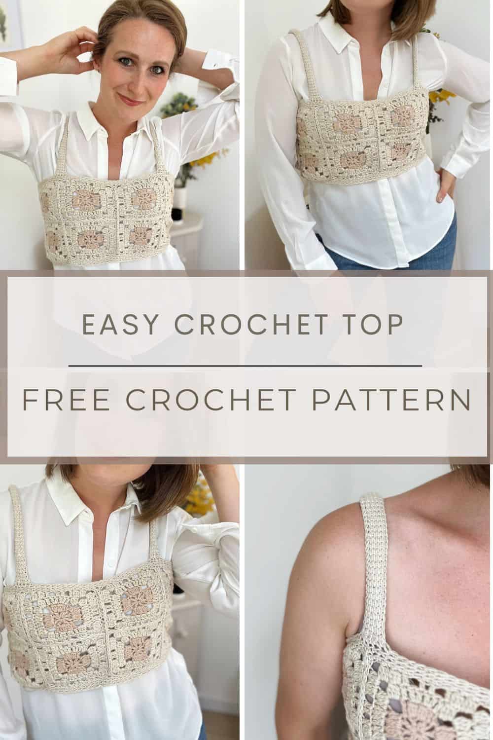 Woman wearing a summer crochet crop top over a white shirt.