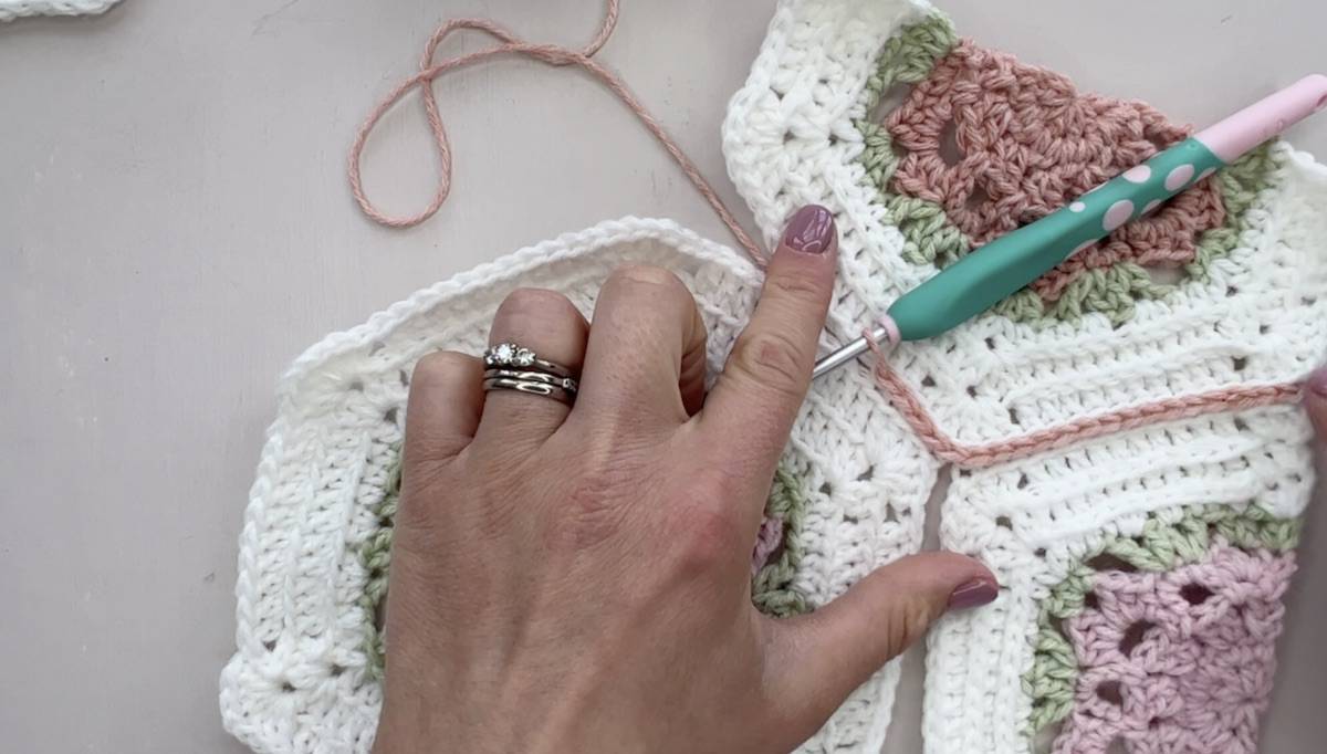 Three crochet hexagons joined together.