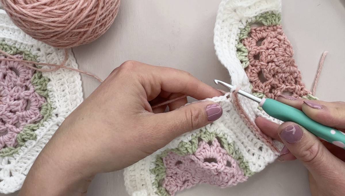 Image showing what to do at corner of crochet hexagon to join to the next one.