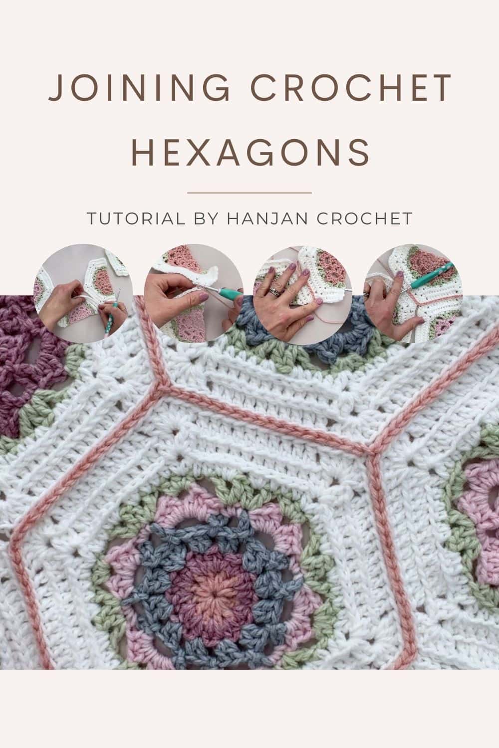 Images showing how to join crochet hexagons together.