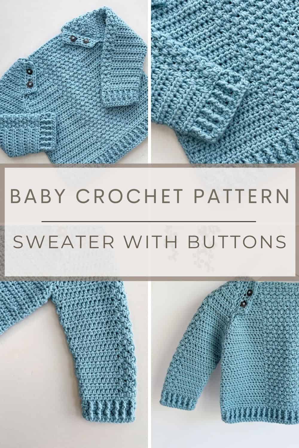 Four images showing easy crochet sweater pattern for babies with textured stitches.