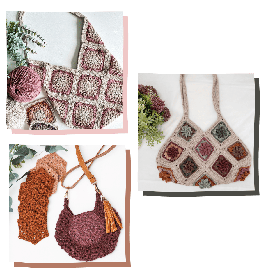 A crocheted bag, a crocheted bag, and a crocheted purse.