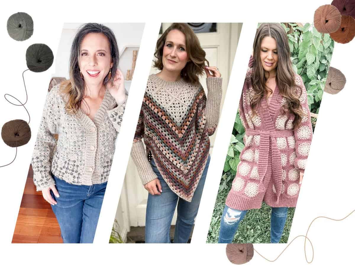 Four women are posing in front of a collage of crocheted sweaters.