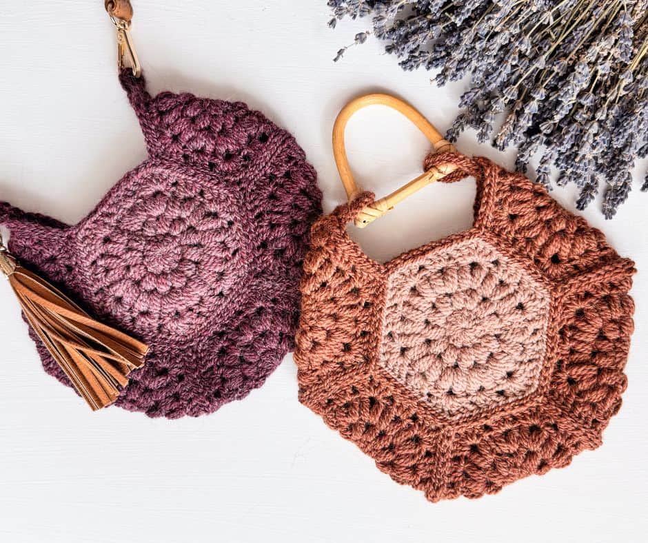 Two crocheted bags with tassels and lavender.