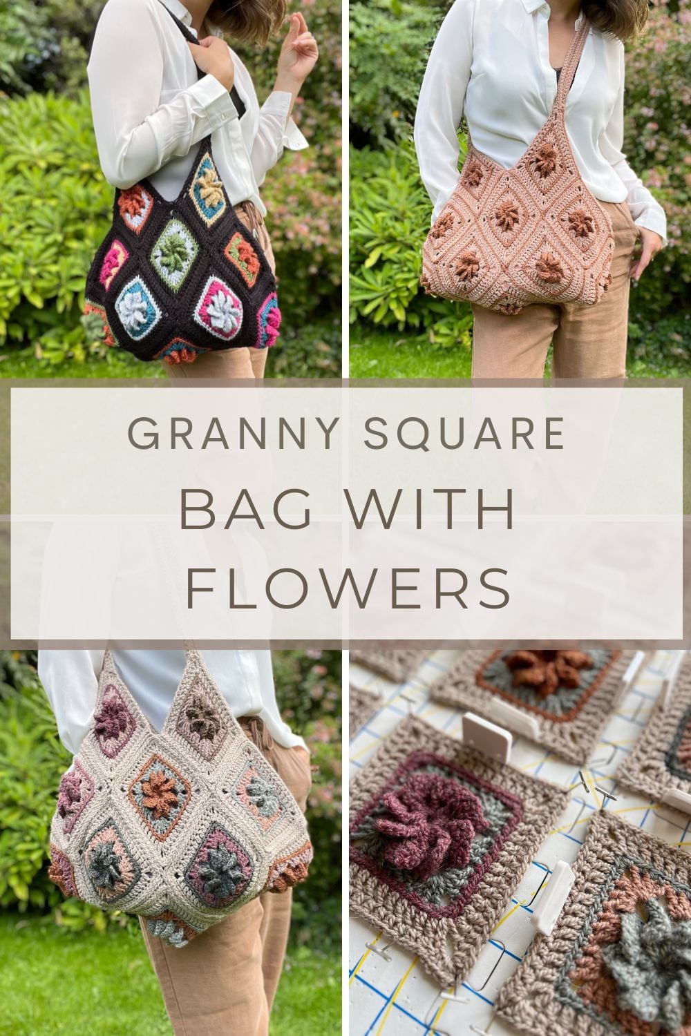 Four images show a person holding a Granny Square Bag Crochet design made of floral granny squares; close-ups and various bag color options are included. Text overlay reads, “Granny Square Bag with Flowers.”.