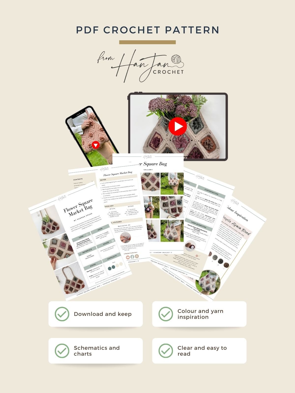 PDF crochet pattern promotional image featuring a Granny Square Bag Crochet flower motif, digital pattern pages, a phone, tablet, and benefits like downloadable file, charts, color inspiration, and easy reading.