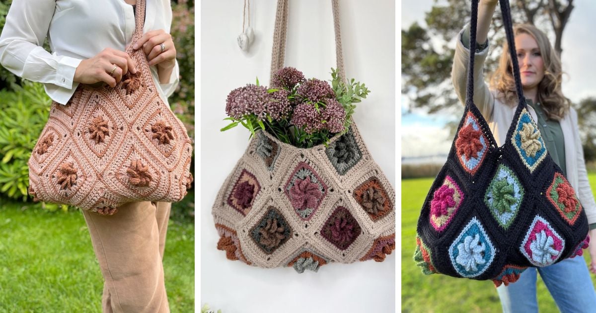 Three women each hold a Granny Square Bag Crochet tote, crafted from colorful floral motifs in different patterns; one bag contains a bouquet of flowers.