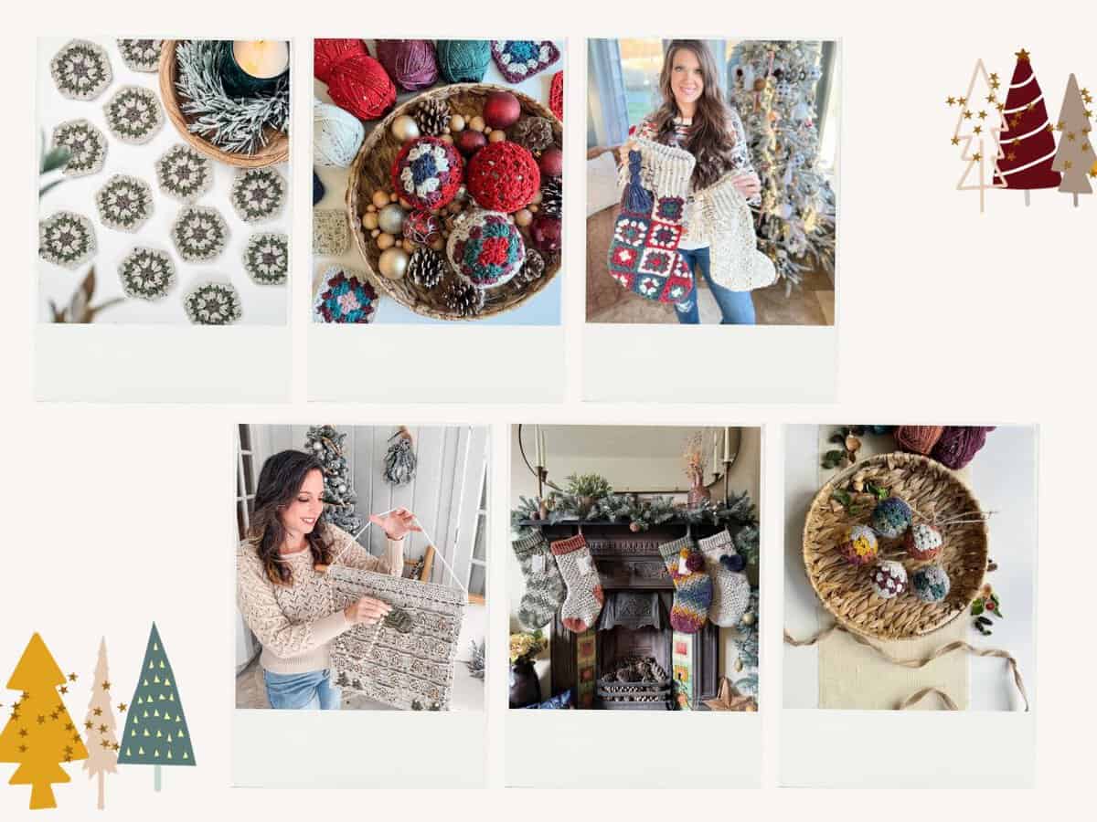 A collage of pictures of christmas decorations and a woman holding a basket.