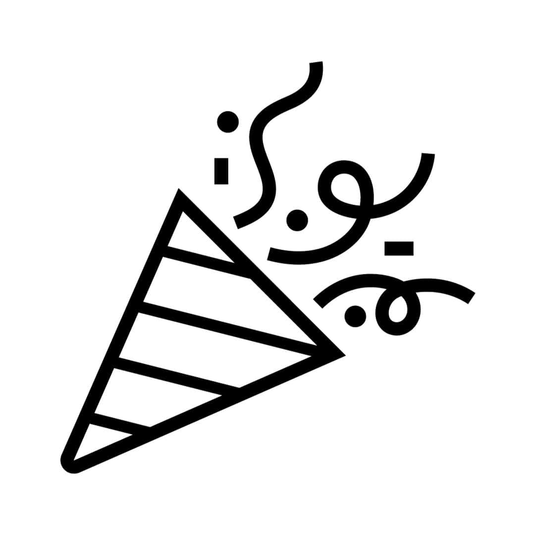 A black and white icon of a cone with confetti.