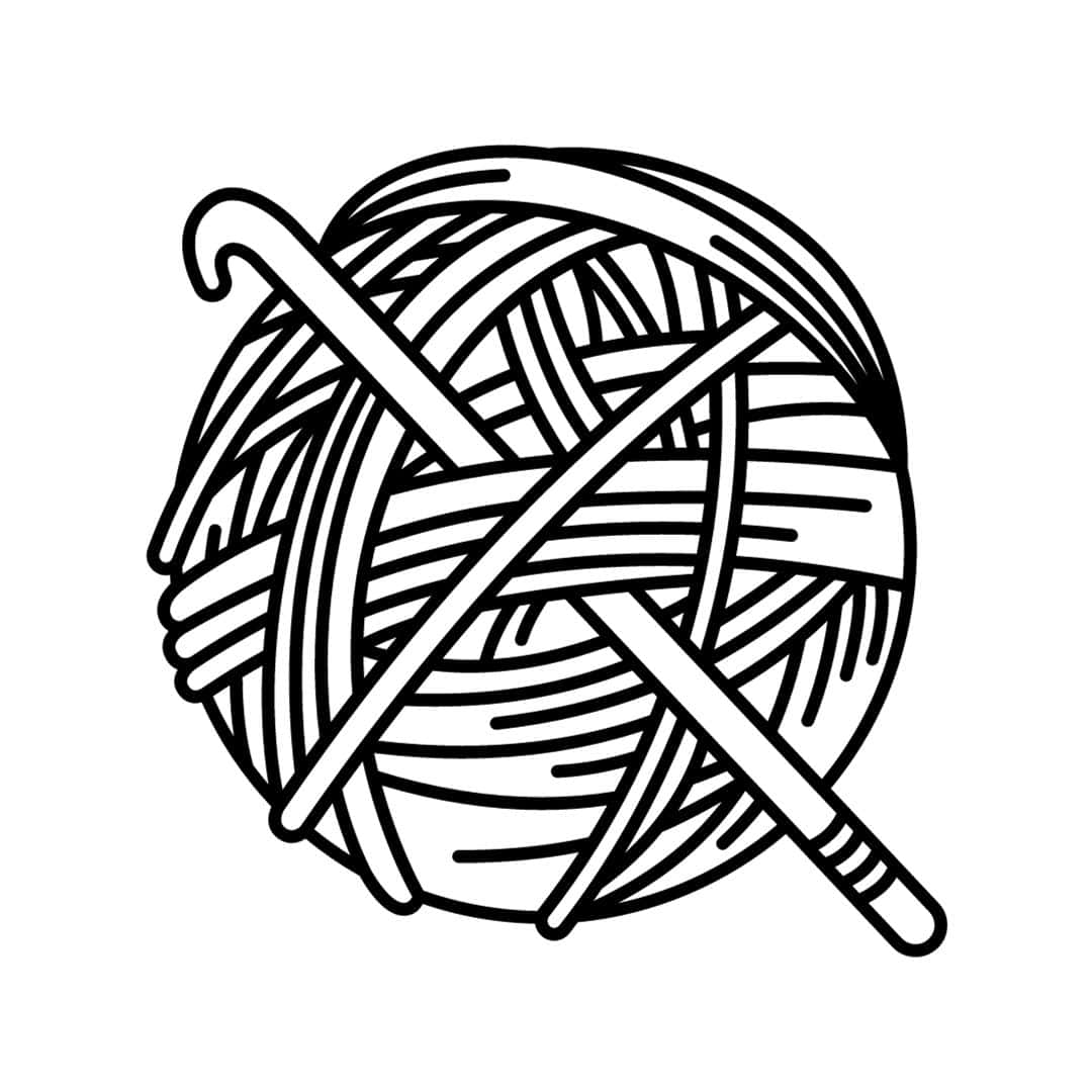 A ball of yarn and a knitting needle on a white background.