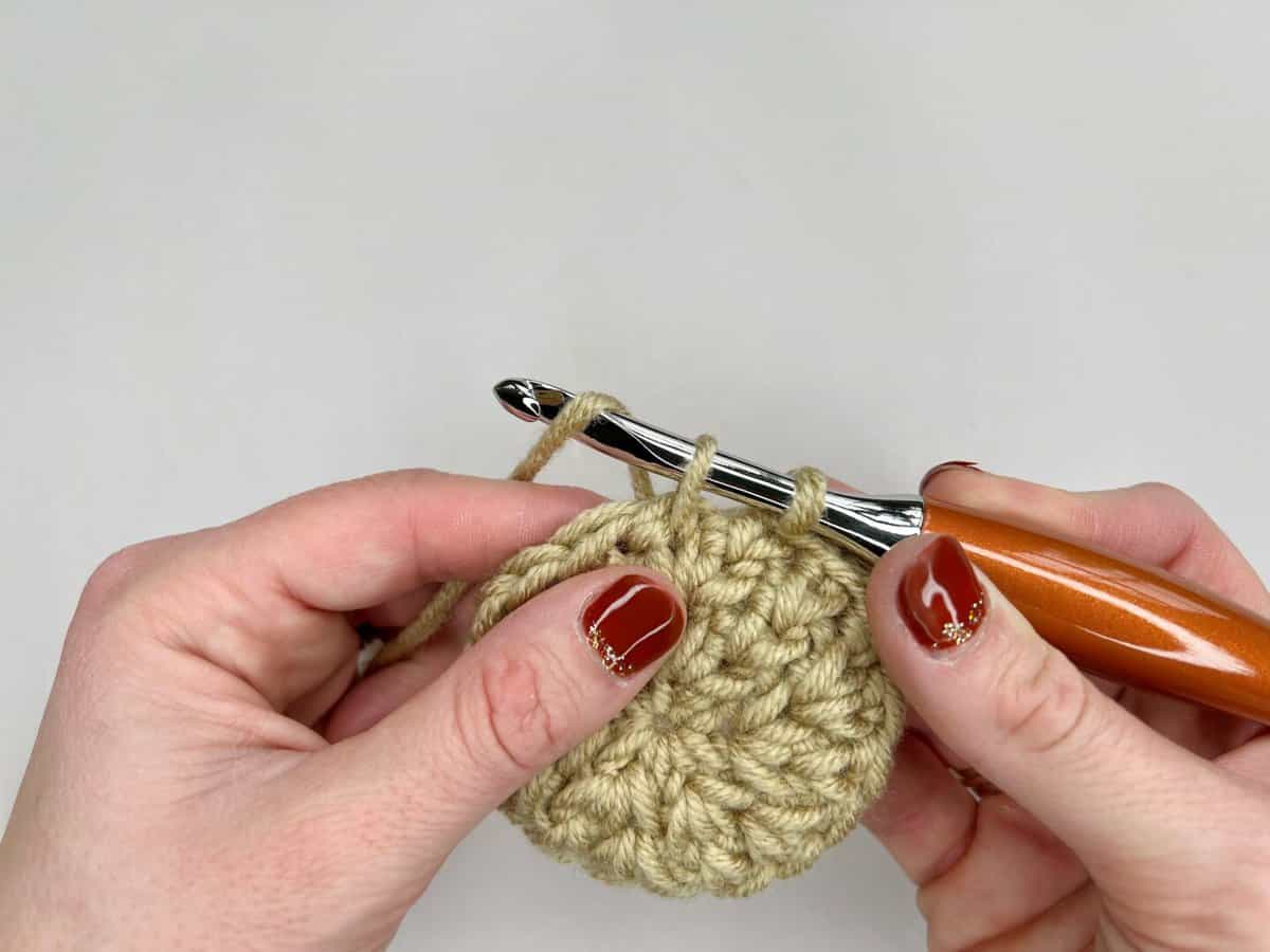 A person using a crochet hook to make the split extended single crochet stitch - step 3 yarn over and pull through one loop.