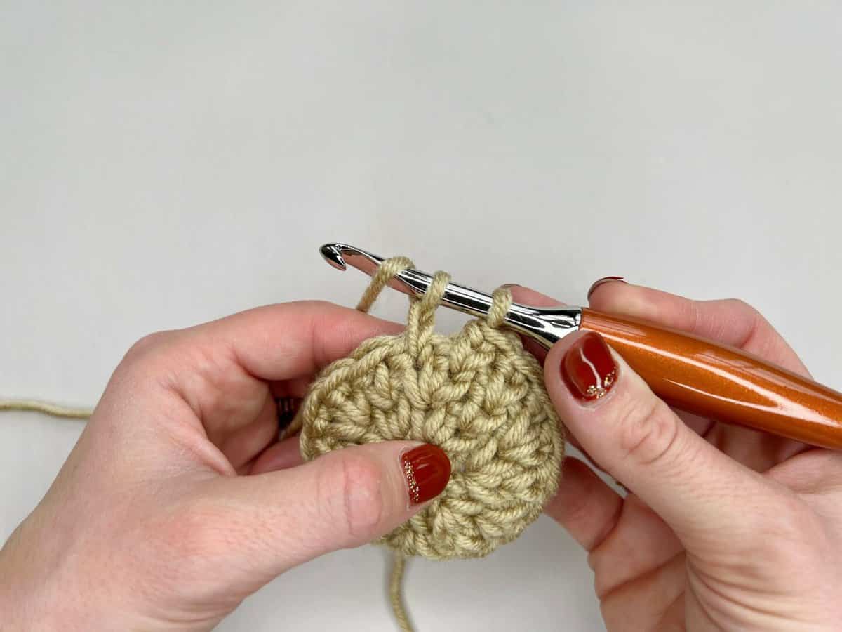 A person using a crochet hook to make a split extended single crochet stitch -step 4 yarn over and pull through both loops