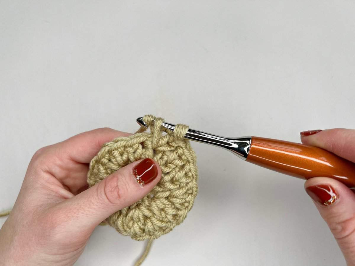 A person is using a crochet hook to make a crocheted circle using the waistcoat crochet stitch. Step 3: yarn over and pull through both loops on the hook