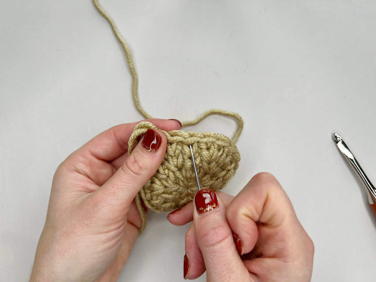 Image showing where to insert your hook for the waistcoat crochet stitch, by pointing with a needle.